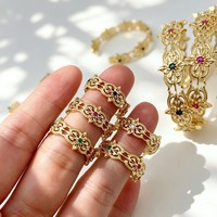 Gelang Cincin Berhias Bunga Ukiran Antik dengan Lapisan Emas Tembaga dan Zirkon Berwarna