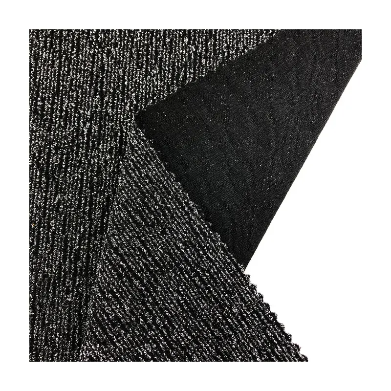 Fornecedor profissional preto metálico stretch malha 210gsm poliéster lurex spandex brilhante plissado tecido jacquard para roupas