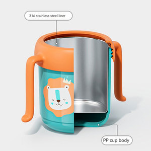 300ml sans BPA PP et bouteille thermos en acier inoxydable pour bébé avec paille imprimés d'animaux mamelon poignée à débit lent - Product Image 5