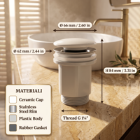 Bonde de lavabo universelle G1-1/4 en céramique blanche anti-colmatage avec système click-clack pour évacuation d'eau de lavabo