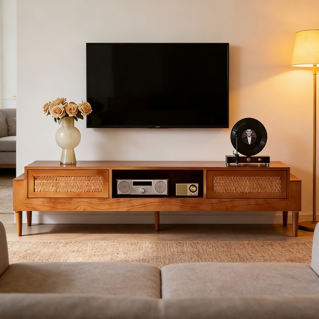 Mid-century Modern Handmade Durable Ash Solid Wood Natural Rattan TV Stand Cabinet Wall Mount Fits 65"+ TVs Villa Living Room