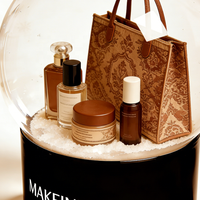 Globe à neige de luxe MAKEINKK personnalisé pour soins de la peau, sac fourre-tout vintage et décorations en résine pour produits de beauté avec base personnalisée