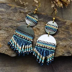 Latest Statement Exaggerated Large Earrings Gold Plated Seed Bead Tassel Dangling Earring Ethnic Jewelry