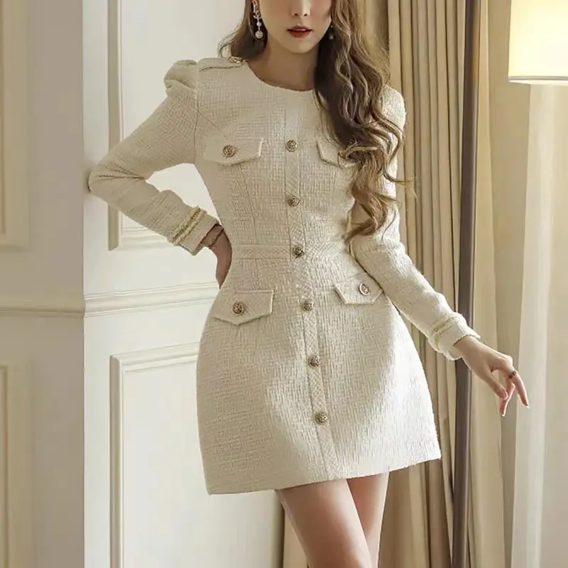 Autumn Winter New Casual Fashion Women's Temperament Dress Long-sleeved Tweed Dress Mid-length Ladies Dress