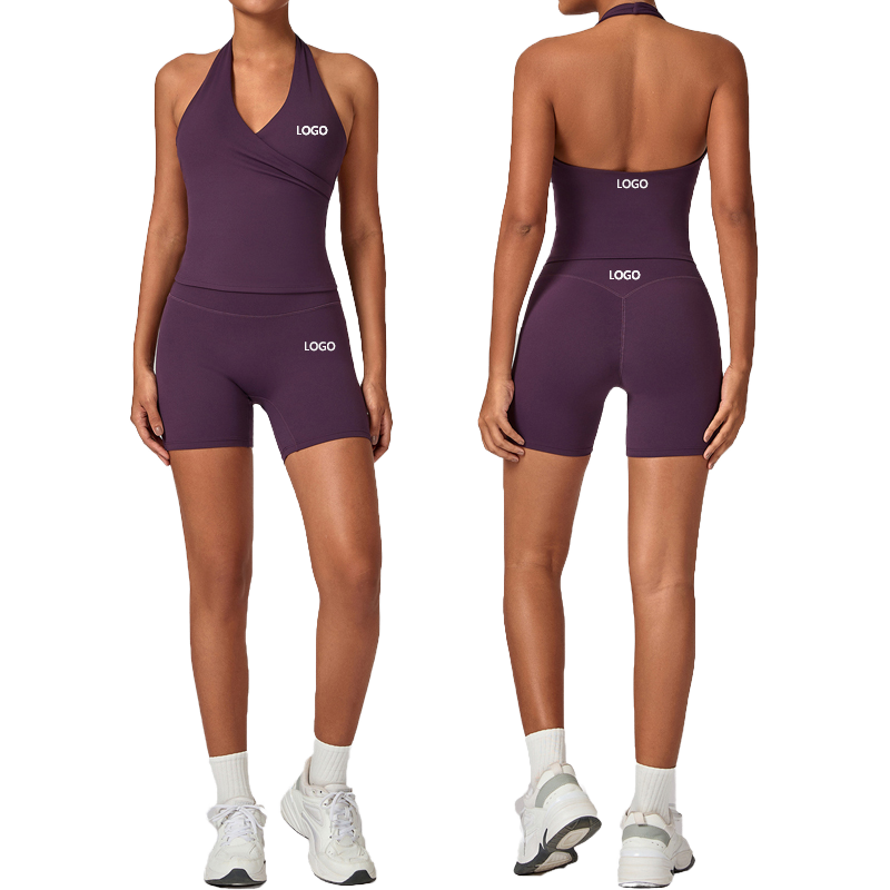 Women Quick Dry Slim Fitted Backless Yoga Sleeveless Shirts Deep V Neck Racerback Halter Tank Tops Work Out High Waist Shorts