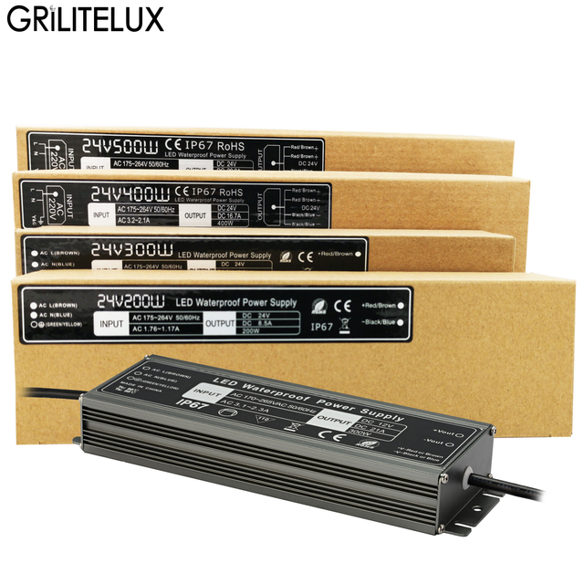 LED Power Supply IP67 Waterproof 12V 24V 60W to 600W 85 Percent Efficiency for Cabinet Light Commercial Use