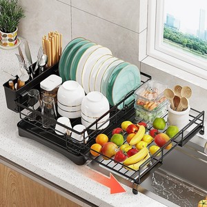 Escurridor de Platos Deslizable Sobre el Fregadero, de Metal Negro, con Compartimento para Cubiertos y <span class=keywords><strong>Bandeja</strong></span> de Drenaje, Ahorra Espacio - Product Image 3