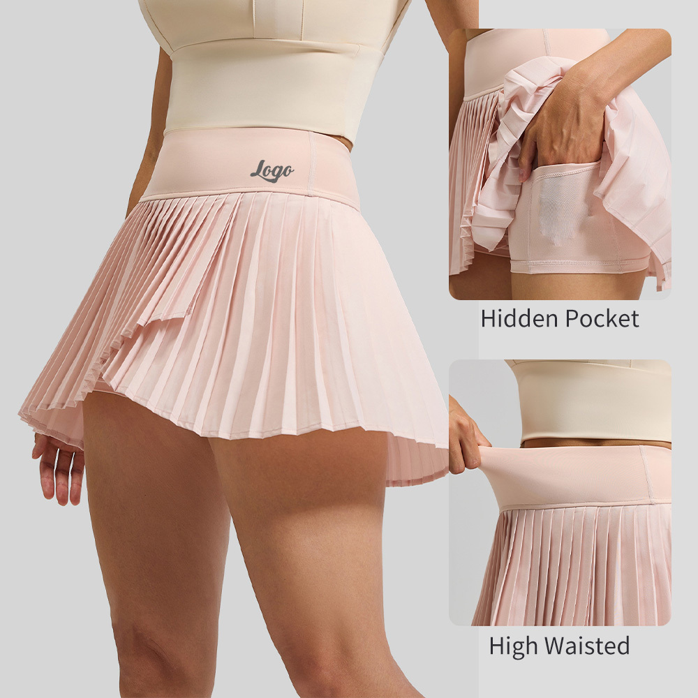 OEM Custom Workout High Waist Stretchy Pleated Tennis Skort Cross Hem Moisture Wicking Built-in Shorts Active Skirt for Women