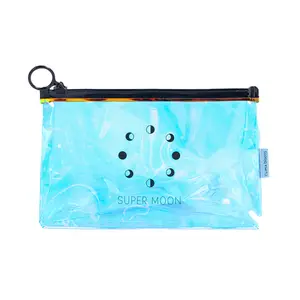 Custom holographic pvc make up pouches transparent hologram pvc plastic packaging bag with black ring puller