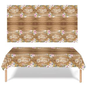 Happy Birthday Floral Wood Grain <b>Tablecloth</b> <b>Rectangle</b> Plastic Party Table Decor Birthday Decoration 1 Pcs - Product Image 3