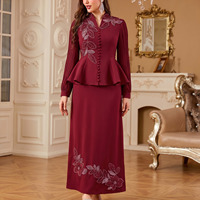 Nouvelles Tendances 2026 : Ensemble Jupe et Haut Élégant à Manches Longues en Polyester Brodé de Perles Florales, Manches Plissées, Modeste, pour Femmes Musulmanes, Idéal pour les Fêtes