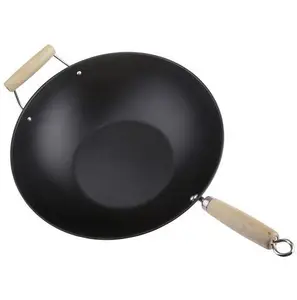 Hot Sale estilo chinês panelas de aço carbono preto antiaderente stir-fry panela de cozinha 35 cm alça de madeira wok pan para casa