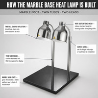 Marmeren voet dubbele kop warmtelamp voor het warmhouden van voedsel in restaurantbuffet en cateringpresentatie.