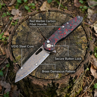 Couteau pliant en laiton Damas avec manche en fibre de carbone, cœur en VG10, couteau de chasse et de camping en plein air, outil de survie portable EDC, OEM T0044-4