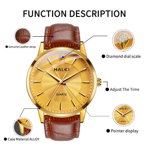 Montres à quartz pour couple HALEI, bracelet en cuir, boîtier en acier inoxydable, ensemble de montres élégantes et tendance, mouvement japonais. - Product Image 3