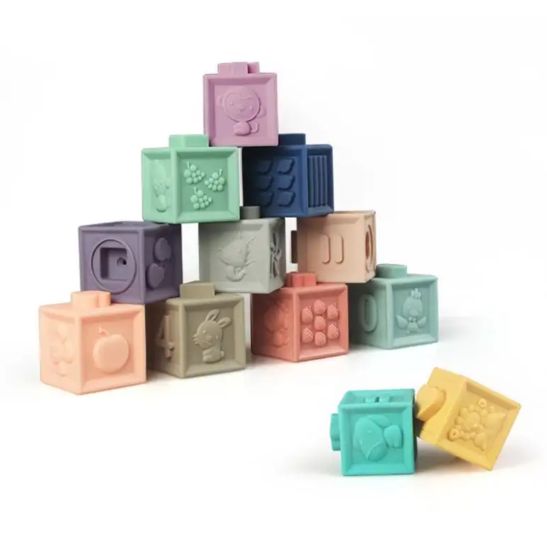 Jouets éducatifs 12 pièces bébé empilable Cube presser Silicone blocs de construction souples pour les enfants