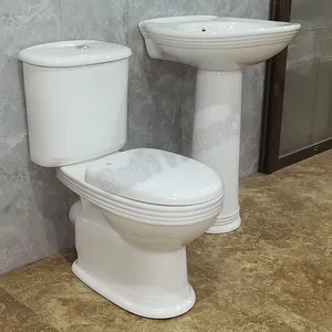 Bathroom Sanitary ware match round design wc two piece toilet bathroom toilet and pedestal basin set