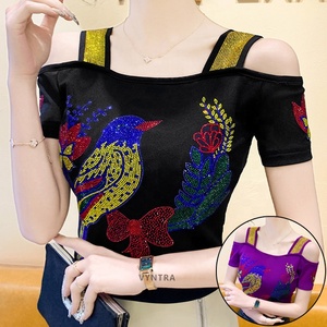 Yuhong Nuevo Diseño Blusa de Mujer con Pedrería de Pájaro, Sexy, con Hombros Descubiertos, Brillante, con Lentejuelas, <span class=keywords><strong>Camiseta</strong></span> de Manga Corta para Discoteca, Fiesta - Product Image 1