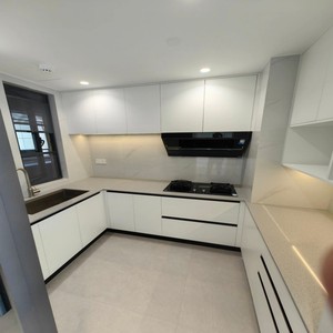 Armoires de cuisine en L modernes et modulaires BALOM, couleur beige, portes coulissantes en verre, évier, <span class=keywords><strong>lave</strong></span>-<span class=keywords><strong>vaisselle</strong></span>, plan de travail en quartz écologique - Product Image 3