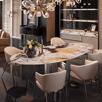 Table à manger en marbre Pandora poli de haute qualité, forme ovale spéciale, table de restaurant de luxe pour projet d'aménagement intérieur haut de gamme