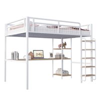 Modernes Metall-Hochbett 90x200cm Multifunktional mit Schreibtisch und Regalen Weiß (ohne Matratze) für Schlafzimmer & Schulgebrauch
