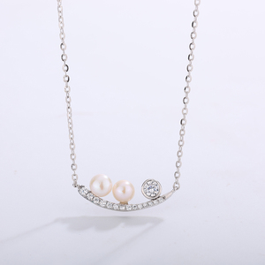 Collar de Plata S925 con Doble Perla de Agua Dulce y Colgante de Barra Arqueada con Diamantes CZ, Regalo de Joyería para Mujer - Product Image 2