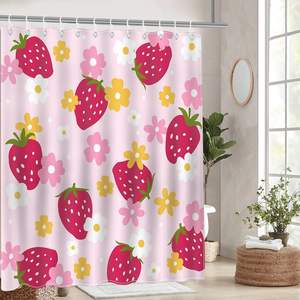 Cute Pink Floral Strawberry Shower <b>Curtain</b> PVC Waterproof Bathroom Home Decor <b>Funky</b> Strawberry Design - Product Image 4