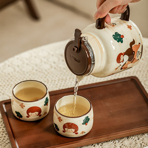 Wholesale <b>Tea</b> Infuser <b>Pot</b> and Cup <b>Set</b> Cute Ceramic <b>Tea</b> <b>Set</b> with Wooden Tray - Product Image 5