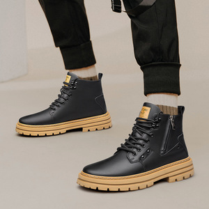 Bottines en cuir noir Martin à bout rond, lacets, fermeture éclair, semelle extérieure en caoutchouc antidérapante, semelle intermédiaire en EVA, toutes saisons - Product Image 3