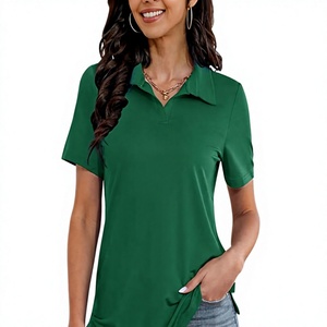 Polo à manches courtes vert uni pour femme, tricoté, respirant, décontracté - Product Image 1