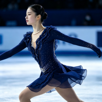 Robe de patinage artistique bleu marine à volants, jupe en mousseline de soie dos nu ornée de strass, costume de performance à manches longues pour compétition, personnalisable OEM