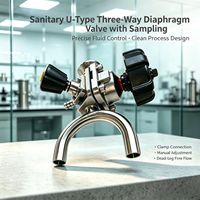 Vanne à diaphragme sanitaire à 3 voies en U avec port d'échantillonnage, en acier inoxydable 316L, OD19.05x1.5mm, DN20xDN10, pour l'industrie alimentaire et pharmaceutique