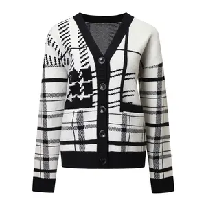 Custom Apparel Manufacturers Damen bekleidung Langarm Schwarz-Weiß Plaid Print Strick Cardigan Sweater Woman Streetwear