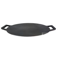 Poêle ronde en fonte avec poignées, robuste, pré-culottée, pour pizza, crêpes, barbecue, camping en plein air