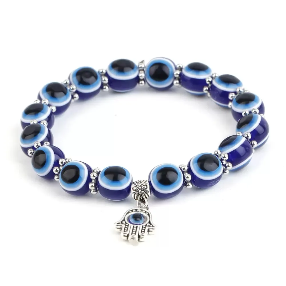 Evil Eye Hamsa Azul Frisada Charme Estiramento Vertentes Pulseira Mão de Fátima Turco Lucky Devil Blue Eyes Pulseiras