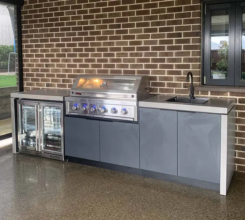 Vermont Color personalizado Tamaño de acero inoxidable Fregadero de pie Gabinete de cocina para exteriores gris con fregadero
