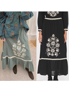 Jupe mi-longue pour femme, style vintage français, broderie unie, respirante, 100% coton, élégante, haut de gamme, design polyvalent - Product Image 2