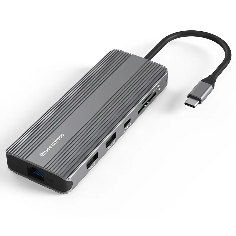 Adaptor VGA USB 3.0, USB C HUB ke HDMI yang kompatibel, adaptor 10 dalam 1, USB Tipe C HUB Dock untuk MacBook Pro Air PD RJ45 pembaca kartu SD