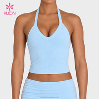 Débardeur de yoga court pour femme, dos nu, coupe ajustée, col halter, décolleté en V profond, dos en T, personnalisable avec logo ODM, pour le sport