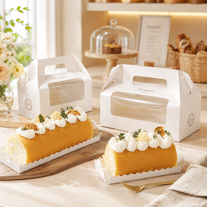 White Cardboard Cake Carrier <b>Box</b> with PET Window Removable Tray for Cake Roll Dessert Packaging and cake store packaging - Product Image 1
