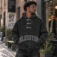 Veste à capuche en jean délavé vintage Blesstop, vêtement d'extérieur streetwear personnalisé avec fermeture à boutons