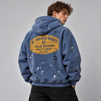 Sweat à capuche zippé intégral personnalisé 400 GSM, coupe oversize, effet délavé, éclaboussures de peinture, en coton, style streetwear vintage pour homme