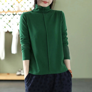 Derong Women's Half High Neck <b>Long</b> <b>Sleeve</b> T-Shirt Beige Ginger Yellow Green Coffee Black Solid Color Splicing <b>Base</b> <b>Layer</b> Slim - Product Image 4