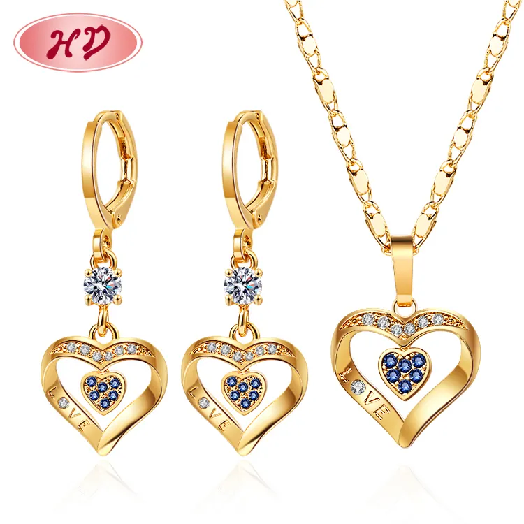 heart shaped ladies earring matching necklace set of jewelry for woman zircon stone 18k gold plated jewelry