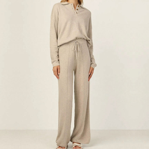 レディース冬服：ラウンジセーターセット（長袖ポロニットトップス＆ワイドレッグパンツ）ツーピースプラスサイズ - Product Image 6