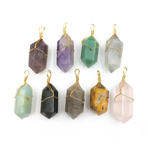 Hot Handmade Jewelry Crystal Amethyst Agate Rutilated Green Aventurine Wire Wrapped double Pencil Point Pendants Wholesale Price