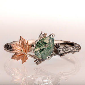 Bague de fiançailles vintage pour femme en argent 925, agate verte mousse, tendance avec brindilles et feuilles, plaqué rhodium pour mariages et fêtes - Product Image 1