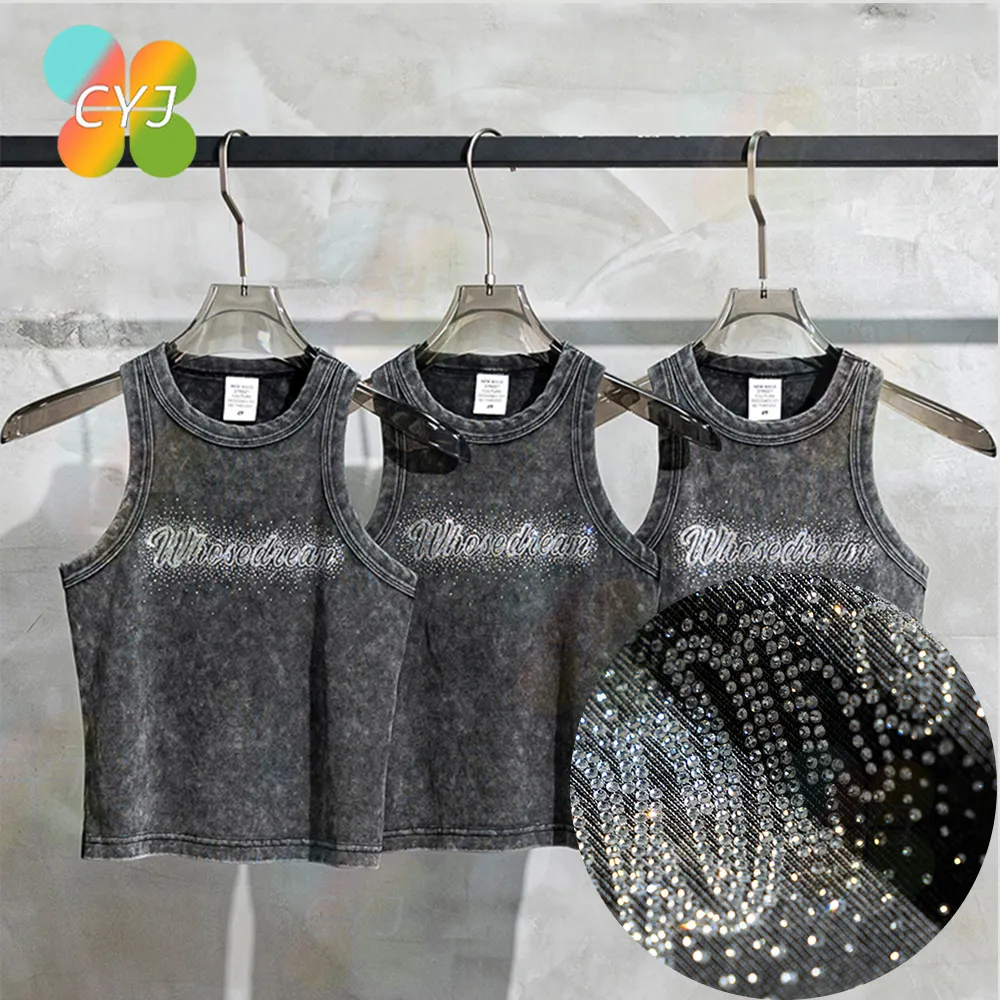 Summer High Quality Y2k Casual Ribbed 100% Cotton Custom Graphic Shiny Rhinestone Vintage Acid Wash Muscle Grey Tank Top Women