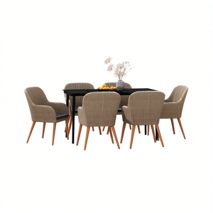 Set da pranzo moderno da giardino per 6 persone, mobili da esterno in vimini marrone con struttura in legno, tavolo e sedie da patio resistenti alle intemperie - Product Image 1