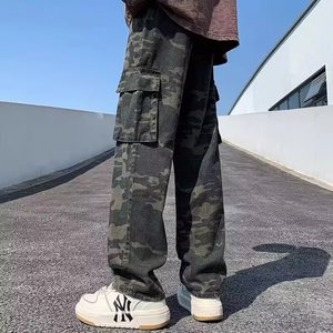 Spring Autumn Trendy Brand Workwear Camouflage Denim Low <b>Waist</b> <b>Jeans</b> for Men Multi-Pocket Design Asymmetric Color Fade Proof - Product Image 3